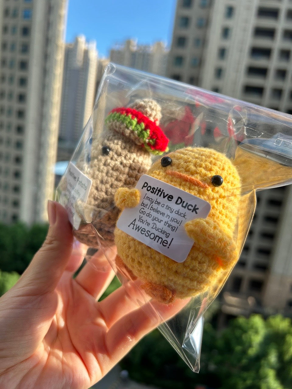 Crocheted potato and duck combination